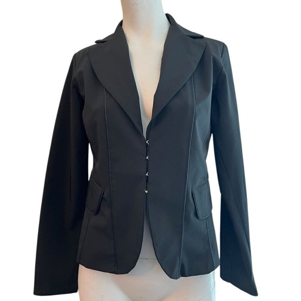 Primo Piano Ladies Size 6 Black Blazer Jacket Lined Hook Front Tailored Italy